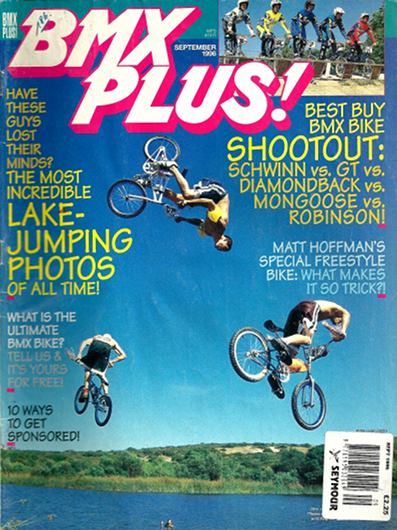 Brent Spooner Ken Hale Chad Spooner lake jump on the cover of BMX Plus! 09 1996